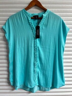 Jones New York Turquoise Cap Sleeve Blouse with Trim